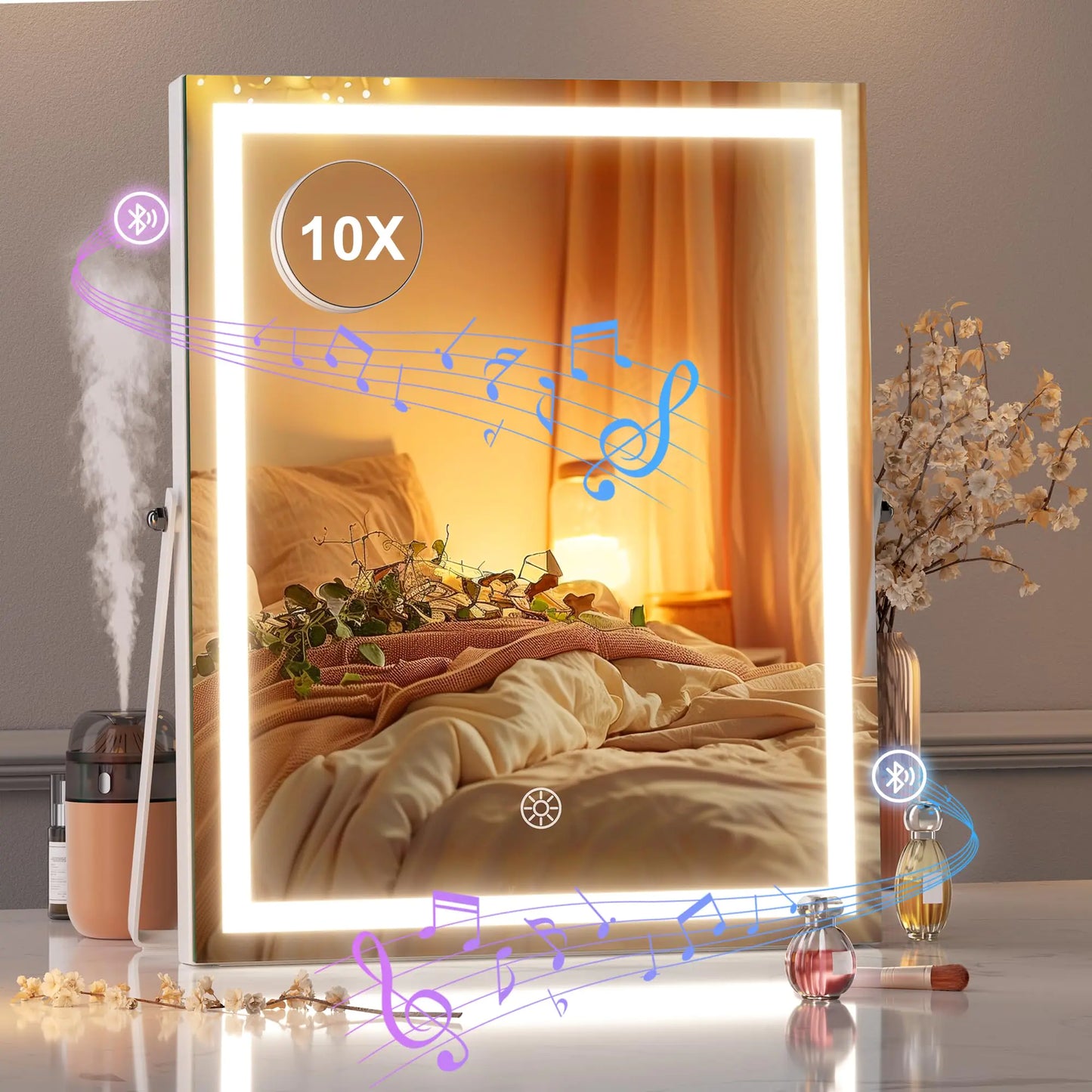 Hasipu Vanity Mirror with Lights and Bluetooth Speaker 11.4" x 13.8" LED Makeup Mirror with 10X Magnification Smart Touch 3 Colors Dimmable Brightness Adjustment 360ยฐ Rotation White