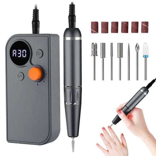 Professional Portable Nail Drill 30000RPM Rechargeable Electric Nail File Machine for Acrylic Nails Gel Polishing RemovingCordless E File Nail Drill Machine with Bits for Manicure Salon Home Gray