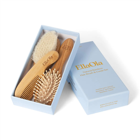 ELLAOLA Natural Bamboo Hair Brush & Comb Set 3 Piece - Cradle Cap Brush Massage Hair Brush Bamboo Comb for Toddlers Newborns & Infants I Baby Registry Gift