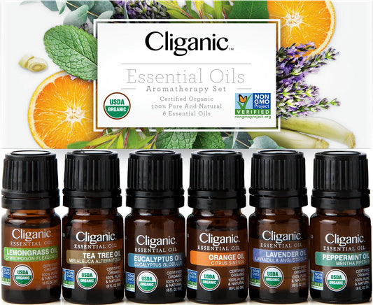 Cliganic USDA Organic Aromatherapy Essential Oils Set (Top 6) 100% Pure Natural - Peppermint Lavender Eucalyptus Tea Tree Lemongrass & Orange