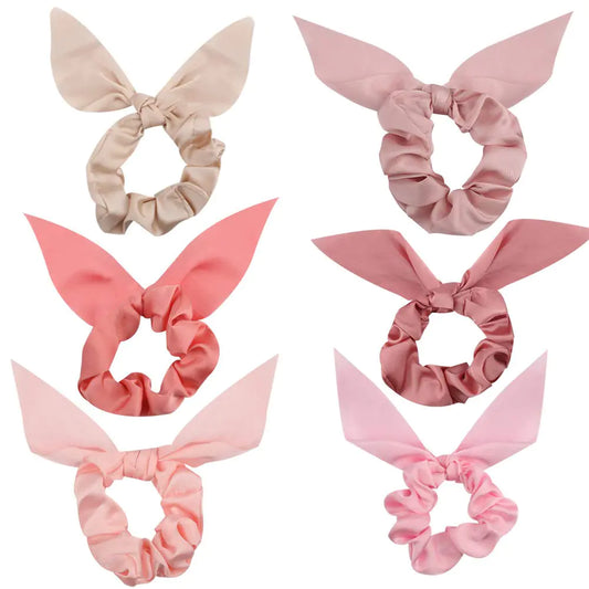 Jaciya Silk 6 Pack Hair Elastic Scrunchies 2 in 1 Design Bow Scrunchies for Women Pink Series