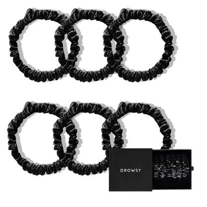 Drowsy Luxury Skinny Silk Scrunchies - Small Mulberry Silk Hair Scrunchies No Damage Hair Ties to Protect Hair Health & Maintain Moisture - All Hair Types - Pack of 6 (Black Jade)