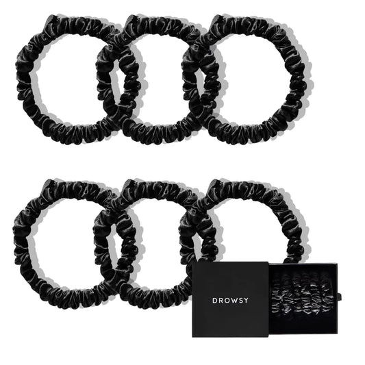 Drowsy Luxury Skinny Silk Scrunchies - Small Mulberry Silk Hair Scrunchies No Damage Hair Ties to Protect Hair Health & Maintain Moisture - All Hair Types - Pack of 6 (Black Jade)