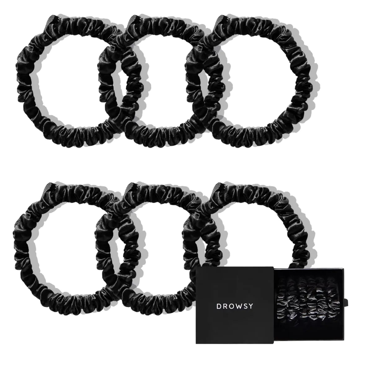 Drowsy Luxury Skinny Silk Scrunchies - Small Mulberry Silk Hair Scrunchies No Damage Hair Ties to Protect Hair Health & Maintain Moisture - All Hair Types - Pack of 6 (Black Jade)