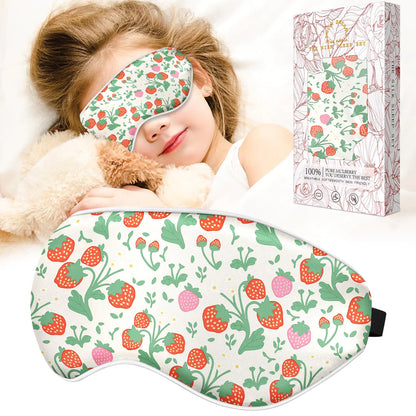 Miss Adola Kids Sleep Mask - Silk Sleep Mask for Kids Cute Cartoon Cool Kawaii Sleep Mask Kids for Boys Girls Teens Soft Smooth Lightweight Adjustable Straps Mulberry Silk Kids Eye Mask Strawberry