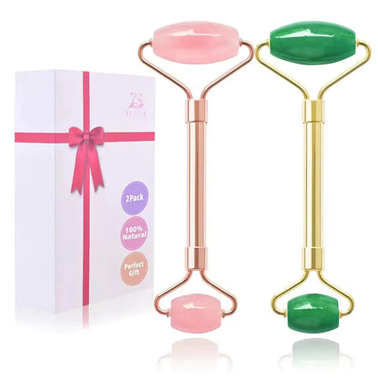 ZS ZESHIN 2 Pack Jade Facial Roller & Rose Quartz Face Roller for Wrinkles and Puffiness Natural Jade Stone Face Massager Roller